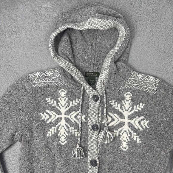 Eddie Bauer Women's Gray Wool-Blend Hooded Cardigan White Snowflake Fair Isle XL - Picture 4 of 7